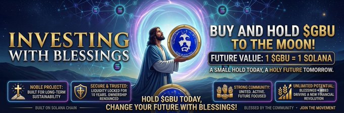 A crypto promotional banner titled 'Investing with Blessings - Buy and Hold $GBU to the Moon!' depicting Jesus holding a coin, advertising that 1 $GBU equals 1 Solana in future value, built on the Solana chain.
