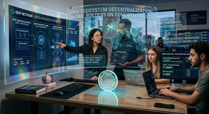 A futuristic digital illustration showing three people working at a desk with holographic displays featuring text like 'QUIP NETWORK', 'OPEN ECOSYSTEM DECENTRALIZATION', 'GLOBAL BUILDERS', and references to blockchain, smart contracts, and crypto funding.