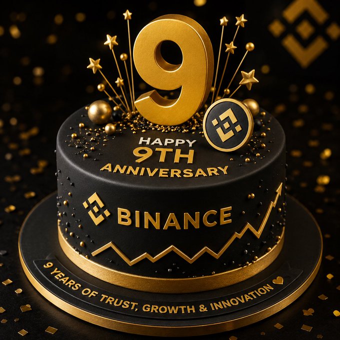 A black and gold 9th anniversary cake featuring a large gold '9' topper, with text reading 'HAPPY 9TH ANNIVERSARY,' the Binance logo, and the banner '9 YEARS OF TRUST, GROWTH & INNOVATION.'