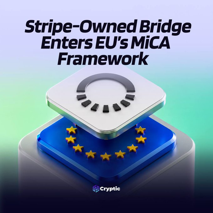 A promotional graphic features the headline "Stripe-Owned Bridge Enters EU's MiCA Framework" above a 3D rendering of stacked tiles displaying a Stripe logo and the EU's circle of 12 stars, visually reinforcing the announcement of Bridge securing dual regulatory approval in Luxembourg to operate as a regulated stablecoin infrastructure provider across the European Economic Area.