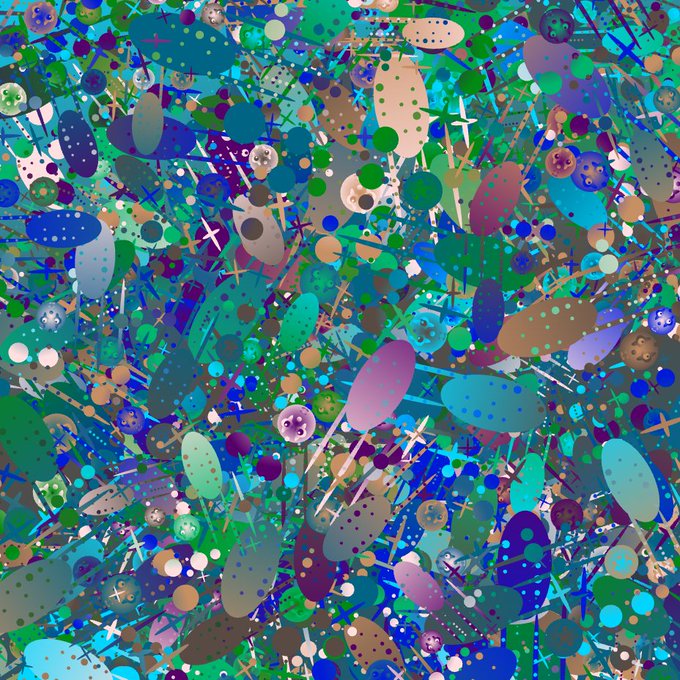 An abstract digital artwork featuring a chaotic, colorful array of dots, shapes, and streaks in predominantly blue, green, and purple hues.