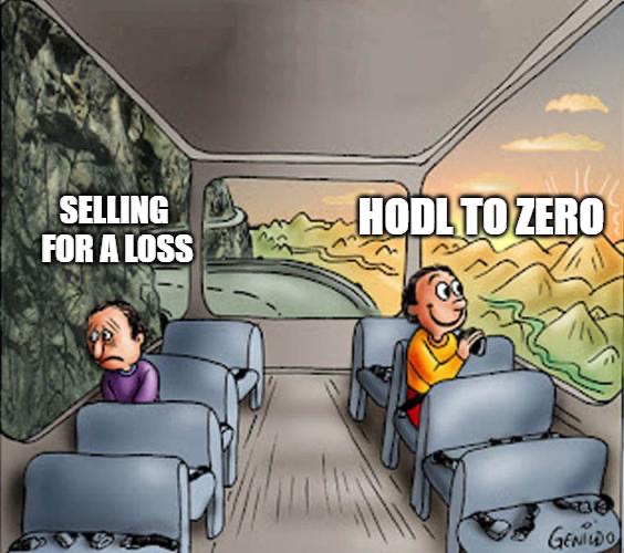 The 'Two guys on a bus' meme illustrating crypto investing psychology, where a sad person looks out a window at a cliff labeled 'SELLING FOR A LOSS' while a happy person drives toward a cliff labeled 'HODL TO ZERO', signed 'GENIDO'.