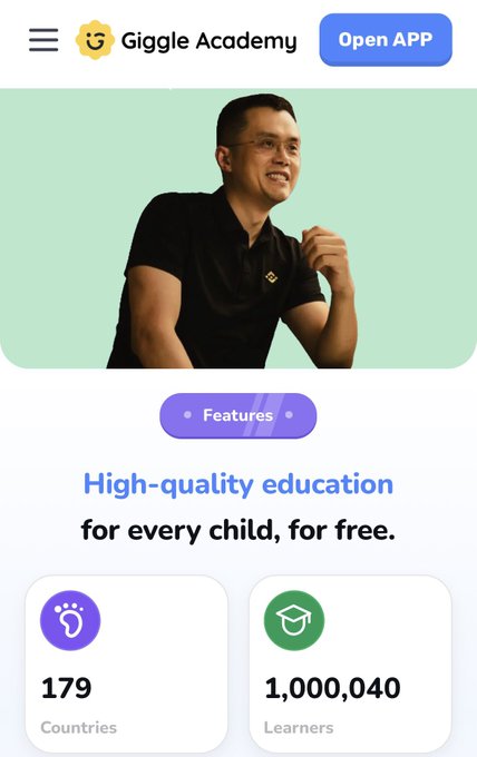 The image shows the Giggle Academy app page featuring Binance founder Changpeng Zhao ("CZ") in a black polo shirt, with statistics highlighting 179 countries reached and over 1,000,040 learners. The "High-quality education for every child, for free" tagline aligns with the post celebrating Giggle Academy surpassing 1 million kids served through its free educational platform.
