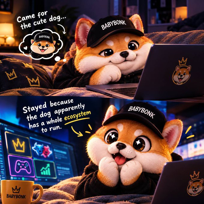 A meme featuring an animated Shiba Inu dog wearing a 'BABYBONK' hat using a laptop, with text joking about the BABYBONK ecosystem.