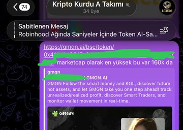 A Telegram message from "Kripto Kurdu A Takımı" with a green-highlighted link about GMGN and mentions of Robinhood, Aginida, Saniyeler, and AI-Sa.