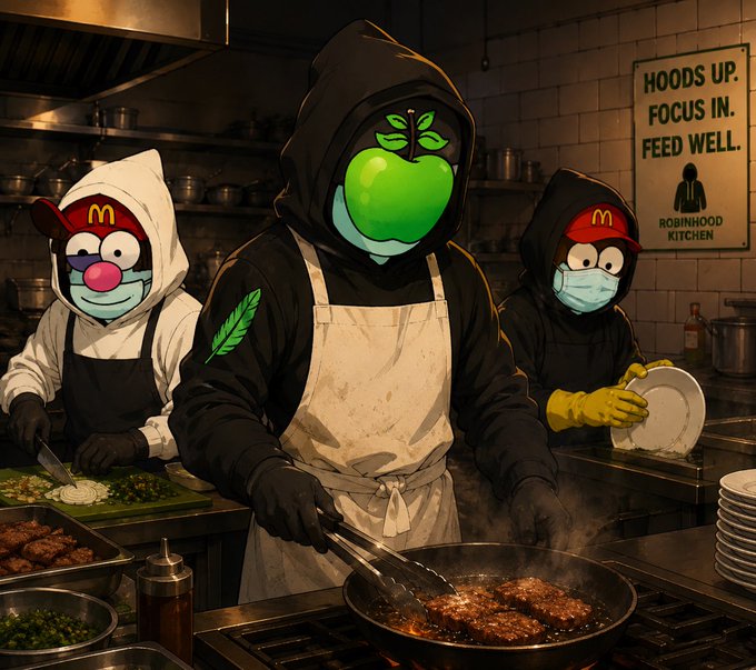 An illustration depicts three figures in a kitchen—one with a green apple for a head and two wearing McDonald's-branded masks—working under a sign reading 'HOODS UP. FOCUS IN. FEED WELL. ROBINHOOD KITCHEN'.