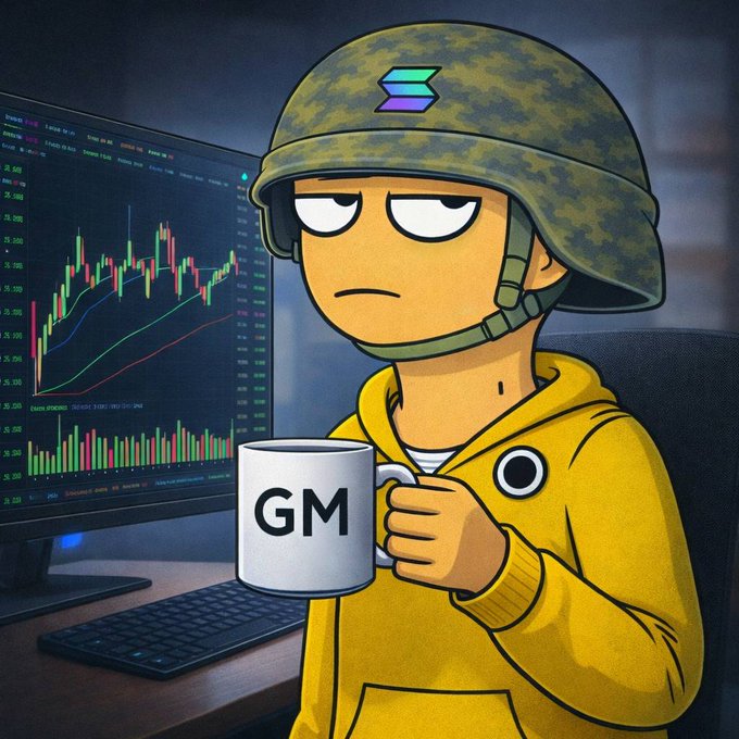 An AI-generated cartoon image of a tired-looking trader wearing a camouflage helmet with the Solana logo and a yellow hoodie, holding a white mug labeled 'GM' while looking at a candlestick chart on a monitor.