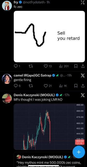 The image features a feed where a person has posted about trading. It shows multiple social media posts, including a post made by the user named "Notfrydoteth", another post titled "#alCamel77" with a caption like "My feed completely becoming based on #notfry dot et alc ... @alCamel77 and @DenisCJN", and an overlay of a graph with the caption "My feed completely becoming based on #notfry dot et alc ... @alCamel77 and @denisCJN". The post also mentions a stock market app, and it seems like the person is trying to sell you to join in.