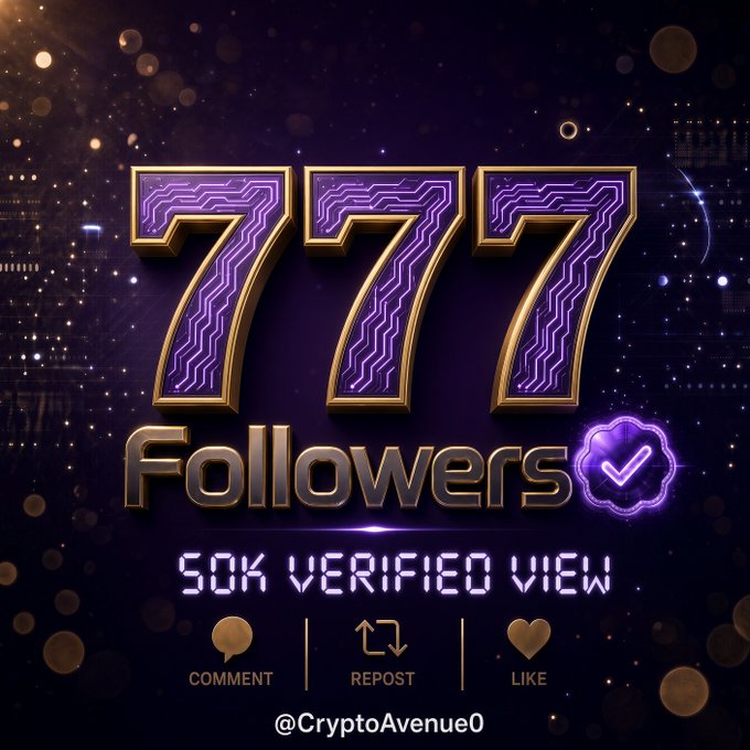 A digital graphic celebrating '777 Followers' with a purple verification checkmark, displayed against a dark background with golden bokeh lights, including text '50K VERIFIED VIEW', 'COMMENT', 'REPOST', 'LIKE', and the handle '@CryptoAvenue0'.