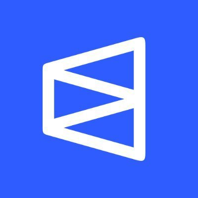 A minimalist logo featuring a white geometric design resembling a stylized 'N' or ribbon on a solid blue background.