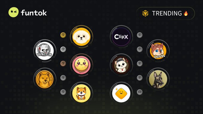 The image displays the "funtok" trending rankings chart with a "TRENDING 🔥" label, showcasing the top 10 meme coins on BNB Chain ranked numerically from 1-10, including featured tokens like Wikicat (WKC), ClipX, and various cat and dog-themed cryptocurrencies featured in the accompanying post.