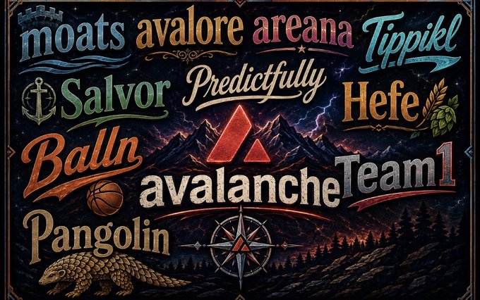 A colorful graphic design featuring stylized vintage text including 'Salvor', 'Predictfully', 'Hefe', 'Balln', 'avalanche', and 'Pangolin' alongside a pangolin illustration, a basketball, and a mountain logo.