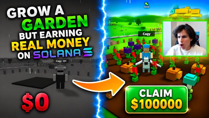 The image shows a game called Farm Pump Fun, which is an online game where players can grow their own garden and sell crops for money. The game has been featured on Solana, a popular cryptocurrency exchange platform. The image also includes text that reads "Grow A Garden but earning Real Money on Solana" and "Claim $PLOTZ - 100000 Unique players - Undervalued Coin - Constant updates Catch me live earning".