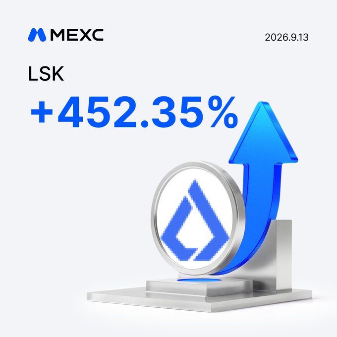 A promotional graphic from MEXC exchange dated 2026.9.13, showing the LSK token with a +452.35% gain and a blue upward arrow.