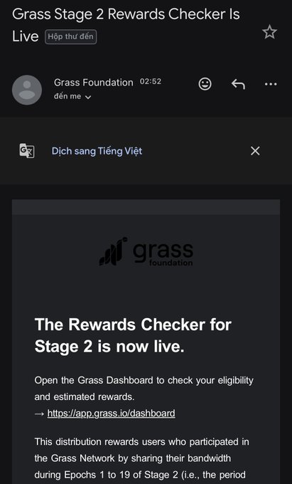 A screenshot of an email from Grass Foundation announcing 'The Rewards Checker for Stage 2 is now live' with a link to app.grass.io/dashboard.