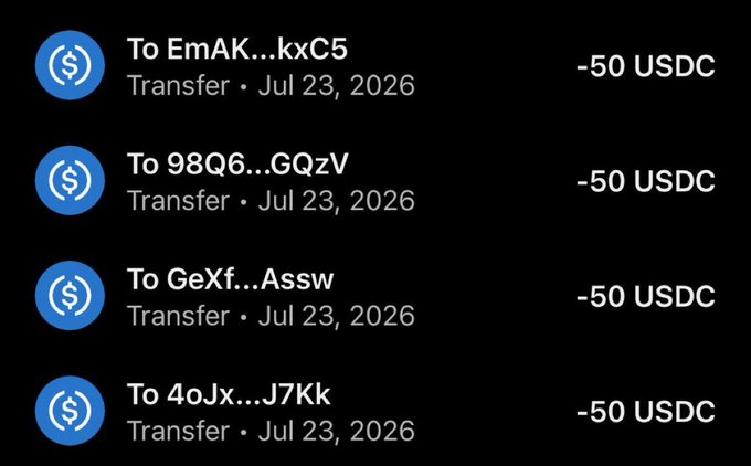 The image displays four transaction records dated Jul 23, 2026, each showing a transfer of -50 USDC to different abbreviated wallet addresses (EmAK...kxC5, 98Q6...GQzV, GeXf...Assw, and 4oJx...J7Kk). This appears to serve as proof of distribution for a "Draw 1000 USDT" giveaway, where the creator claims to be sharing 50 USDC/USDT among 20 participants. However, these are USDC transfers, not USDT as advertised, and such giveaway posts are commonly associated with crypto scams designed to collect wallet addresses from unsuspecting users.