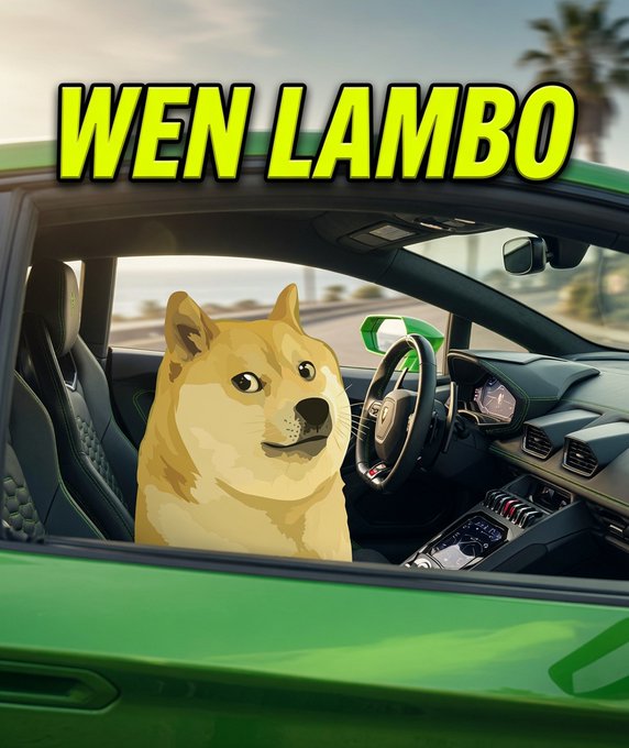 A Doge Shiba Inu meme sits in the driver's seat of a green sports car interior, with bold yellow text "WEN LAMBO" displayed at the top—directly riffing on the classic crypto phrase "when Lambo?" expressing the community's playful hope for their $DOGE holdings to moon.