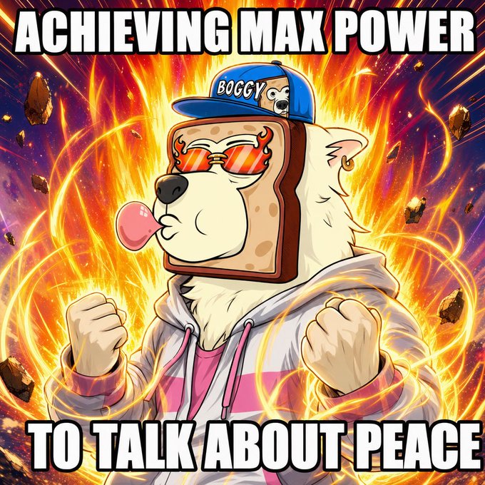 An anime-style meme of a white dog character wearing a 'BOGGY' cap and fiery sunglasses, with text reading 'ACHIEVING MAX POWER TO TALK ABOUT PEACE' against an explosive orange background.