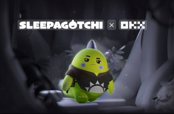 A green cartoon character from a 'SLEEPAGOTCHI x OKX' collaboration sits in a dimly lit, stylized forest setting.