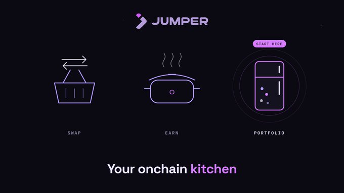 A dark screen displays the 'JUMPER' logo with the tagline 'Your onchain kitchen' and three icons labeled SWAP, EARN, and PORTFOLIO.