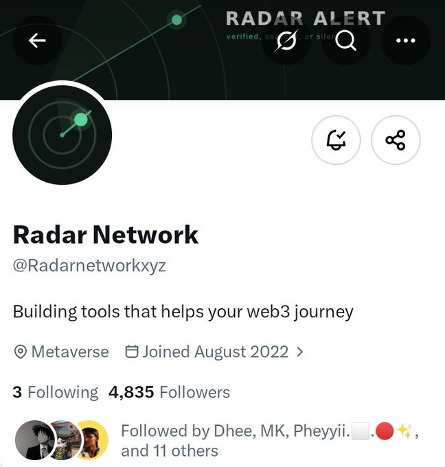 A Twitter/X profile page for 'Radar Network' (@Radarnetworkxyz) with the bio 'Building tools that helps your web3 journey', showing 3 Following and 4,835 Followers, with the cover image reading 'RADAR ALERT verified, sourced, or silent'.