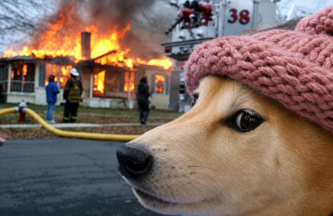 A close-up of a dog's face wearing a pink knit hat in the foreground, with a house engulfed in flames and a fire truck marked '38' with firefighters in the background.