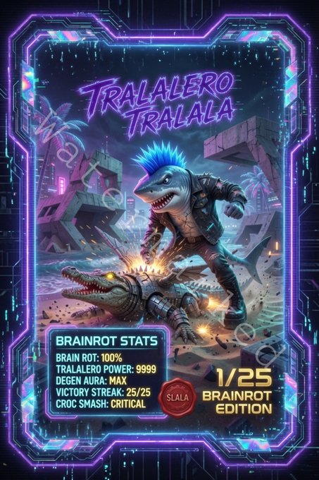 The image depicts a shark character wearing blue hair, holding a gun, with the word "Tralalala" visible in the background. The character has spikes on its head and appears to be fighting another character, possibly an alien or a human, who is also armed. The post features a vibrant neon color scheme, including shades of purple and blue that provide a striking contrast against the shark's body and other elements within the image. In the corner of the image, there are words that could either be part of a logo for the game or additional information about the character or its background.