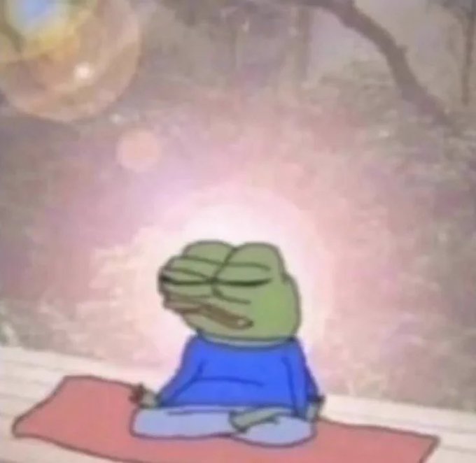 A serene cartoon image of Pepe the Frog meditating on a yoga mat with eyes closed and hands resting peacefully, surrounded by a soft glowing aura.
