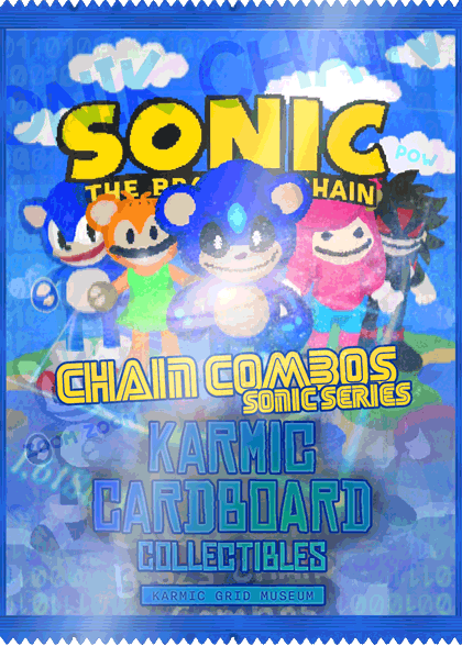 A blue "Chain Combos Sonic Series" collectible card featuring plush toy versions of Sonic characters (Sonic, Tails, Shadow, Knuckles, and Shadow) with the subtitle "Karmic Cardboard Collectibles".