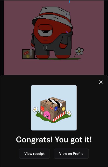 A red Among Us-style character wearing a gray bucket hat stands next to a matchbox, with a popup below displaying a 3D cardboard box NFT with the text "Congrats! You got it!" celebrating a successful mint of a Gloombles NFT by byVmeta.