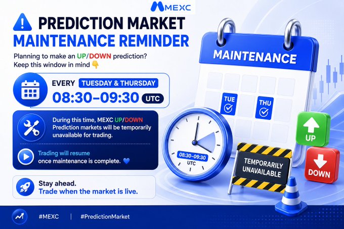 A MEXC exchange graphic announcing "PREDICTION MARKET MAINTENANCE REMINDER" noting that UP/DOWN prediction markets will be temporarily unavailable every Tuesday and Thursday from 08:30-09:30 UTC.