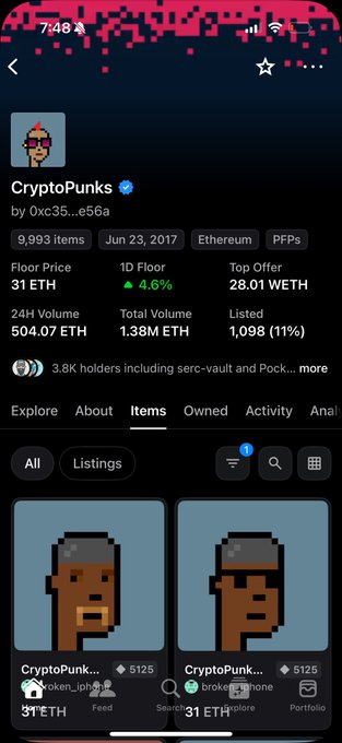 A mobile app screenshot of the CryptoPunks collection on Ethereum, showing a floor price of 31 ETH, 9,993 items, and a 24H volume of 504.07 ETH.