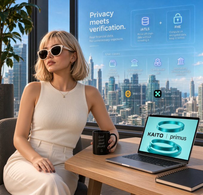 An illustrated woman with blonde hair sits at a desk with a laptop displaying 'KAITO | primus', with text promoting 'Privacy meets verification' alongside logos for zkTLS, FHE, BNB Chain, and Kaito.