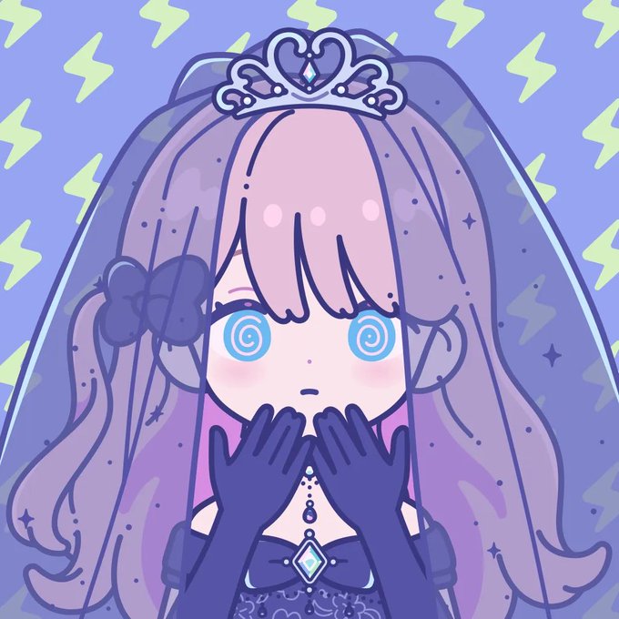 An anime-style illustration features a chibi princess character with pink hair, a heart-shaped tiara, black gloves, and spiral-patterned eyes, surrounded by lightning bolt motifs on a purple background.