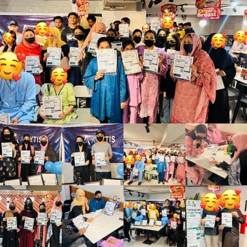 A group of participants wearing hijabs gather at the AILYTIS offline event hosted by Rabia, holding branded certificates and posing for a group photo with heart-emoji masks in a venue decorated with "AILYTIS" banners, reflecting the post's emphasis on community building and offline networking for the AILYTIS and ODBIT projects.