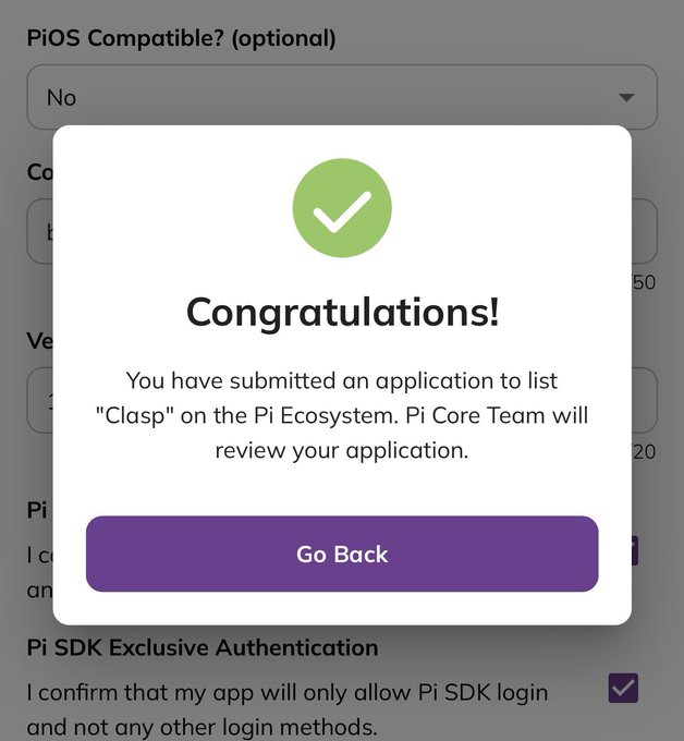 This image shows a "Congratulations!" message for the application to list "Clasp" on the Pi Ecosystem, indicating a successful submission for review by the Pi Core Team. This directly relates to the post about Pi Network's smart contracts and their development.