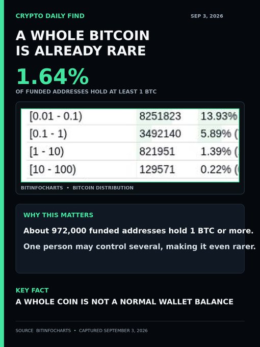 An infographic from Crypto Daily Find dated September 3, 2026 highlights that only 1.64% of funded Bitcoin addresses hold at least 1 BTC, emphasizing that "a whole Bitcoin is already rare." It features a BitInfoCharts distribution breakdown by address balance brackets and notes that approximately 972,000 addresses own a whole coin, reinforcing the post's message about Bitcoin's scarcity.