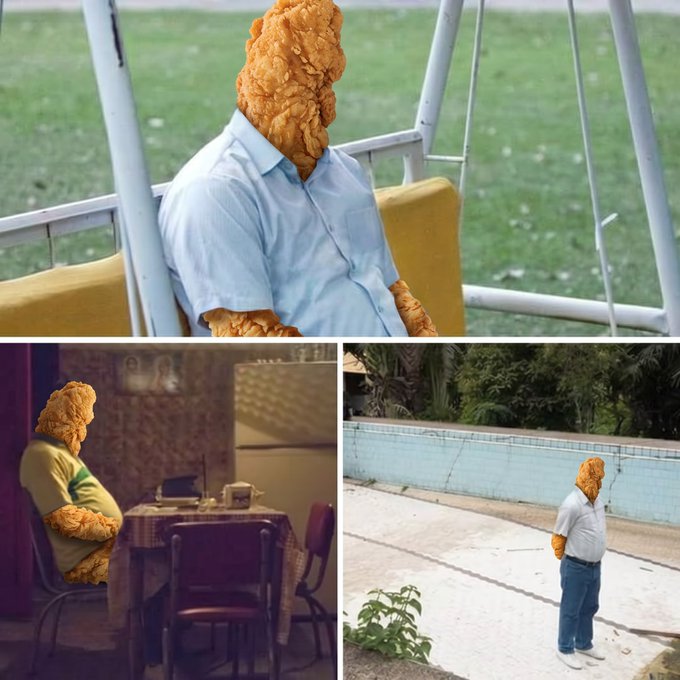 Three photographs depict a person in a homemade fried chicken head costume going about mundane daily activities—sitting on a swing, sitting at a kitchen table, and standing by a swimming pool—evoking the surreal, absurd humor of waiting patiently for others to catch on to the chicken-related "$tendies" meme (slang for profits/gains, tied to the "tendies" copypasta about a man whose head is fried chicken).