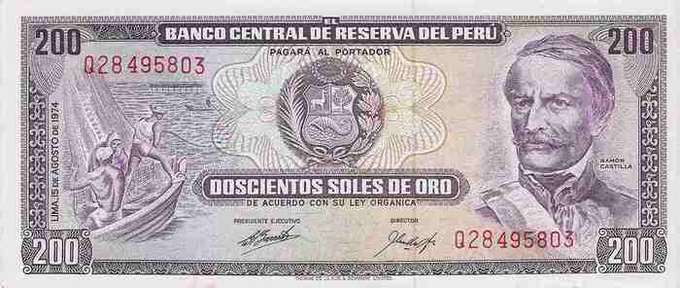 A 200 Soles de Oro banknote issued by the Banco Central de Reserva del Peru, featuring Ramón Castilla on the right and a fishing boat scene on the left, with serial number 028495803. The note, dated Lima 11 August 1974, fits the "send weird notes" theme as a distinctive piece of foreign currency showcasing Peruvian history.