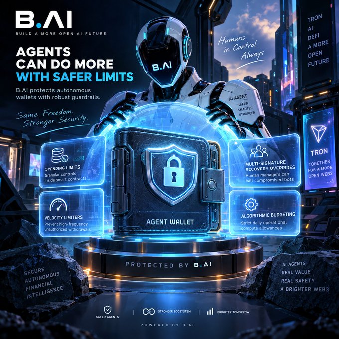 Promotional poster featuring a futuristic robotic figure holding a shield labeled 'AGENT WALLET' with the branding 'B.AI' and text 'AGENTS CAN DO MORE WITH SAFER LIMITS,' alongside TRON partnership details and security features like spending limits and multi-signature recovery.