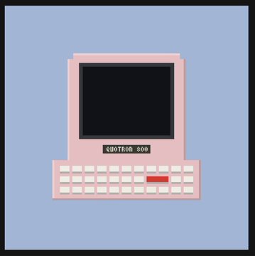 A pixel art illustration of a pink vintage computer labeled 'QUOTRON 500' with a keyboard and black screen.