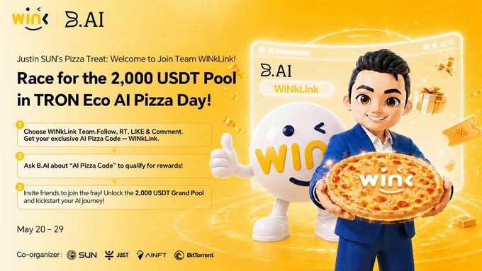The image features a poster for a pizza event, possibly an eco-friendly pizza party or a race for the 2,000 USDT pool. The poster includes a cartoon character holding up a slice of pizza with a thumbs up sign. There are also some text elements on the poster that provide information about the event and encourage people to participate in it.