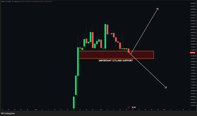 A TradingView Bitcoin chart showing candlestick patterns with an 'IMPORTANT $75,000 SUPPORT' zone highlighted in red, featuring white arrows indicating potential upward and downward price movement.