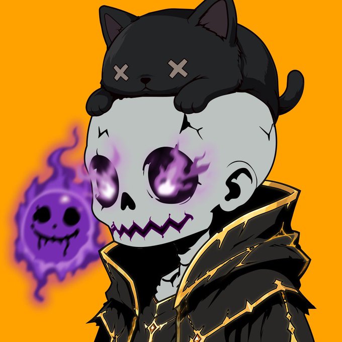 A spooky skull-headed character in a black and gold cloak, topped with a black cat, summons a purple flaming skull against a bright orange background—evoking the eerie, dark fantasy aesthetic often associated with NFT giveaways, complementing the crypto promotion for AfterBornXYZ.