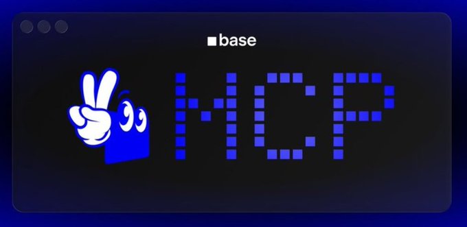 The image features an advertisement for a Base MCP server, which is designed with blue and white colors. The text "base" is prominently displayed at the top of the image, while the word "mcp" is written below it. Below this, there are two cartoon characters - one in blue and another in white - positioned to the left side of the image. These characters appear to be holding a peace sign with their hands together. The background color of the image is black, which contrasts with the blue and white elements on the advertisement.