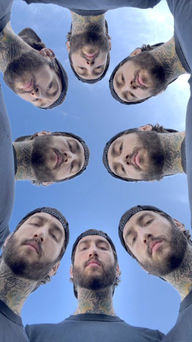 A kaleidoscopic effect displays the bearded face of streamer Fazebanks repeated multiple times in a circular pattern against a blue sky, promoting his live stream where viewers can reply with their Solana address for cash giveaways on Twitch and X.