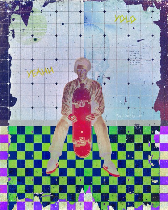 A mixed-media artwork featuring a figure sitting on a red skateboard against a grid-patterned background with blue, green, and purple plaid elements, accented by yellow graffiti-style text reading "YEAH!!!" and "YOLO."
