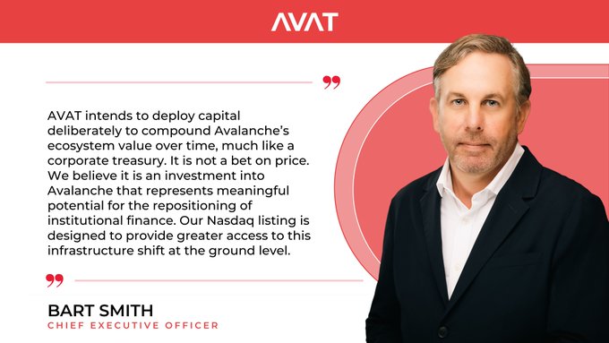 The image features a man wearing a suit, standing against a red background with white text that reads "AVAT intends to deploy capital delicately to compound Avalanche's ecosystem value over time, much like a company that has been around for decades". The man is positioned in front of a circular logo and the post appears to be about an executive officer or a financial expert.