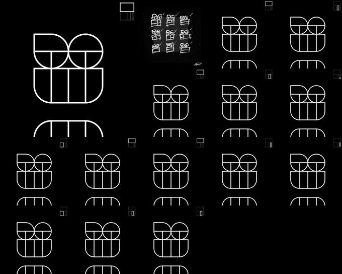 A black background displays a repeated grid of a minimalist white geometric logo composed of curves and rectangles, resembling a stylized face or mask.