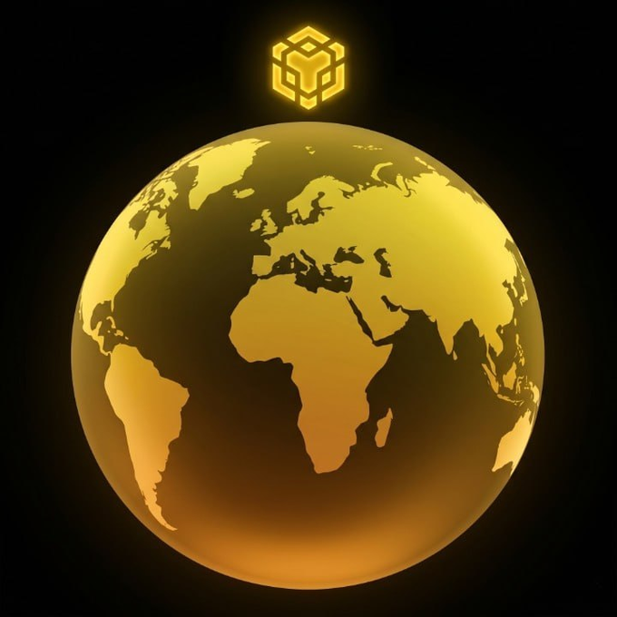 The image features a 3D rendering of a globe with a gold cube placed above it, creating an interesting visual effect against the black background. The caption "BNB will change the world" suggests that this image might be related to Bitcoin or cryptocurrency, as indicated by the use of the word "BNB". However, without more context from the image itself, we cannot definitively confirm whether the cube is a representation of Bitcoin or simply an artistic choice in the design.